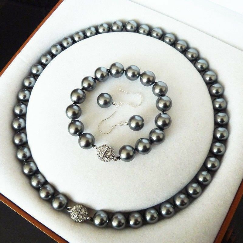 10mm South Sea Black Shell Pearl Round Beads Necklace Bracelet Earrings Set_ipsvogv.com
