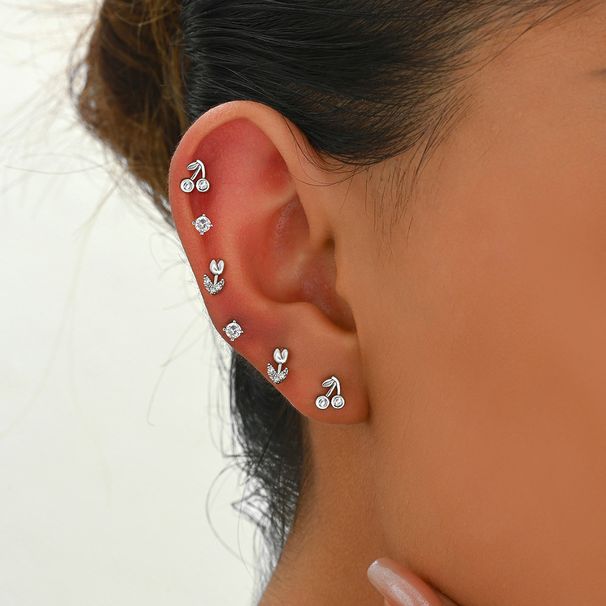 Ins version of Korean women's earring set, niche cherry flower design, zircon inlaid earrings, versatile earrings_ipsvogv.com