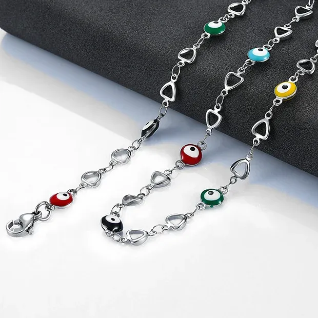 6mm Stainless Steel Colorful Beads Heart Shape Necklace Women Turkish Eye Chain Bracelets Available_ipsvogv.com