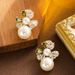 Real Gold Electroplated Fashionable Diamond Inlaid Zircon Pearl Flower Earrings, Women's High-end Feeling, Light Luxury,_ipsvogv.com