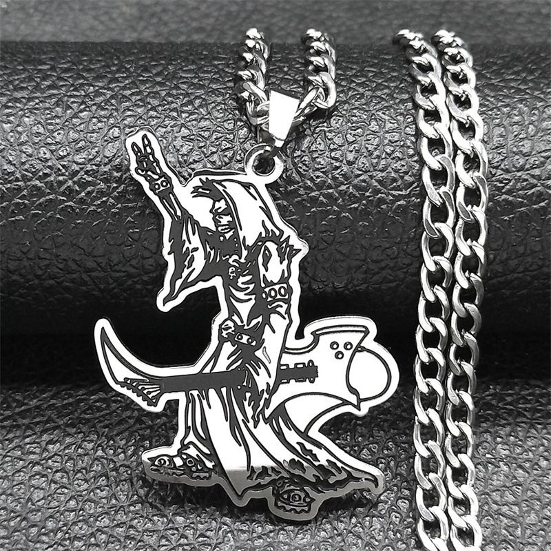 New Fashion Gothic Punk Rapper Skeleton Electric Guitar Stainless Steel Necklace Personalized Jewelry_ipsvogv.com