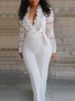 Women's sexy deep v white see-through lace splicing jumpsuit _ipsvogv.com