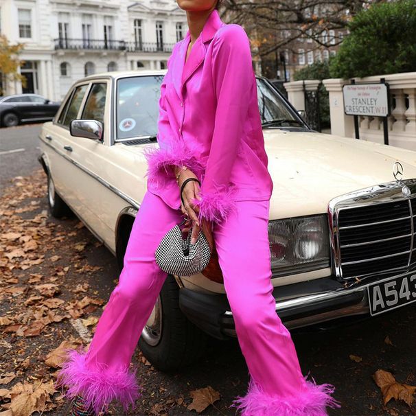 Women's Clothing Spring New Style Temperament Sexy Suit Collar Top Casual Straight Pants Satin Two piece Set_ipsvogv.com