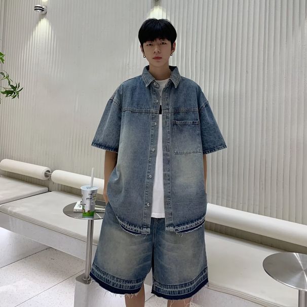 men's Clothing Denim Suit Short-sleeved Shirt Men's Street Wear Shorts Washed Casual Loose Matching Handsome Set_ipsvogv.com