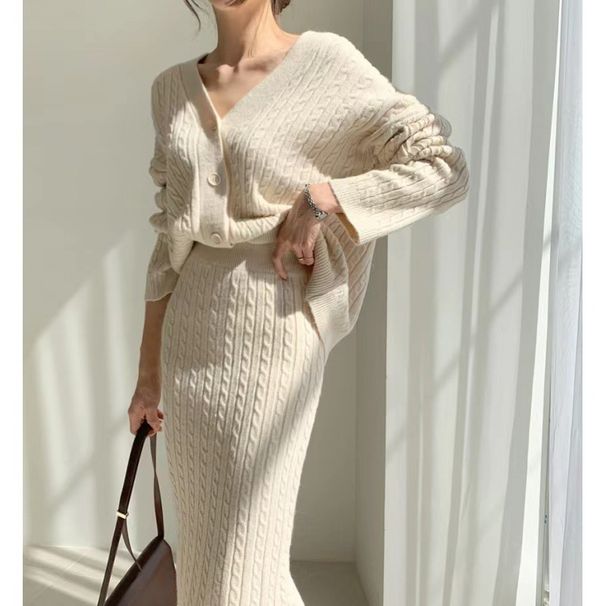 Women's Clothing elegant V-neck linen pattern knitted cardigan sweater + high waist sheath skirt_ipsvogv.com