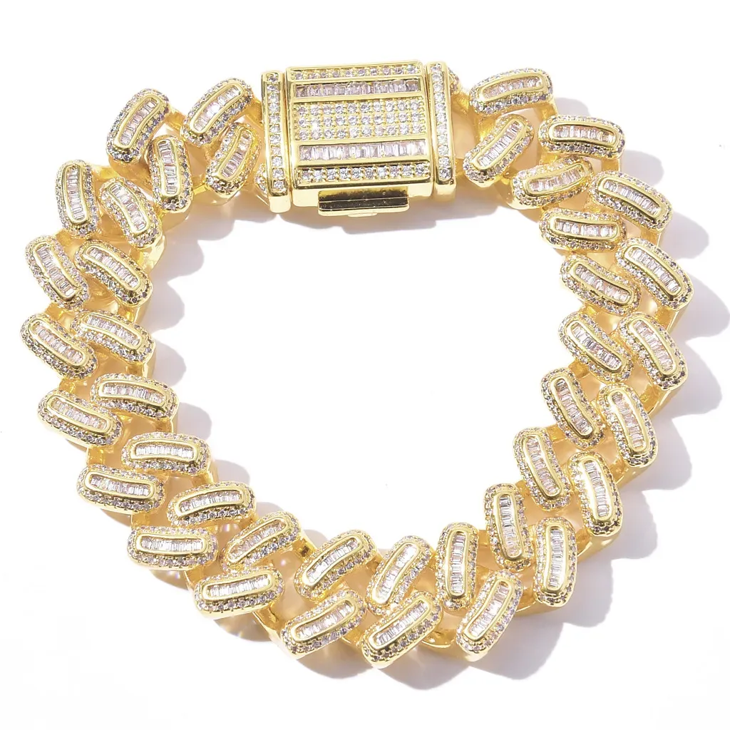 New Fashion Hip Hop Bracelet 15mm White Gold Brass Iced CZ Heavy Baguette Cuban Link Wristband Miami Curb Chain Jewelry_ipsvogv.com