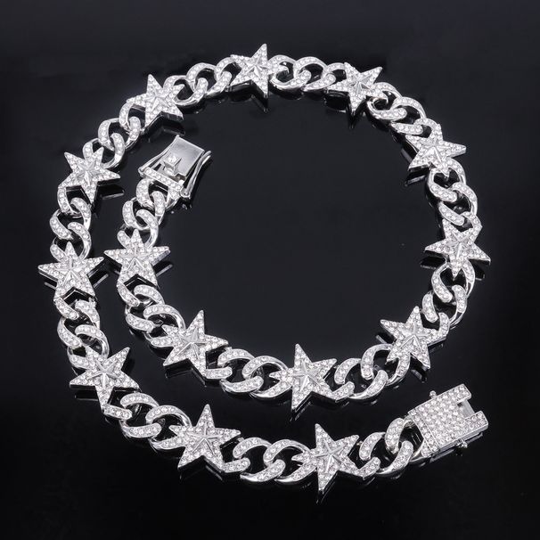 Unisex Pentagram Full Diamond Alloy Men's Necklace High End Personality Cross Border Hip Hop Cuban Chain_ipsvogv.com