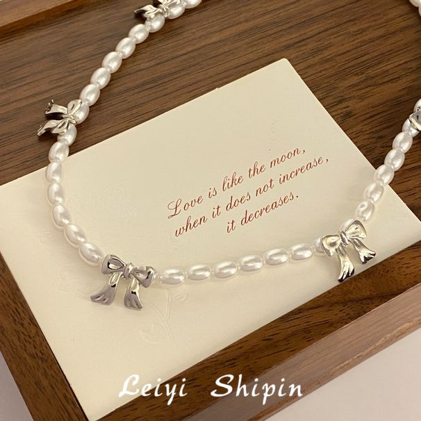 Ribbon Bowknot Pearl Necklace Sweet Cute Niche Versatile Beaded Choker Elegant High-end Clavicle Chain_ipsvogv.com