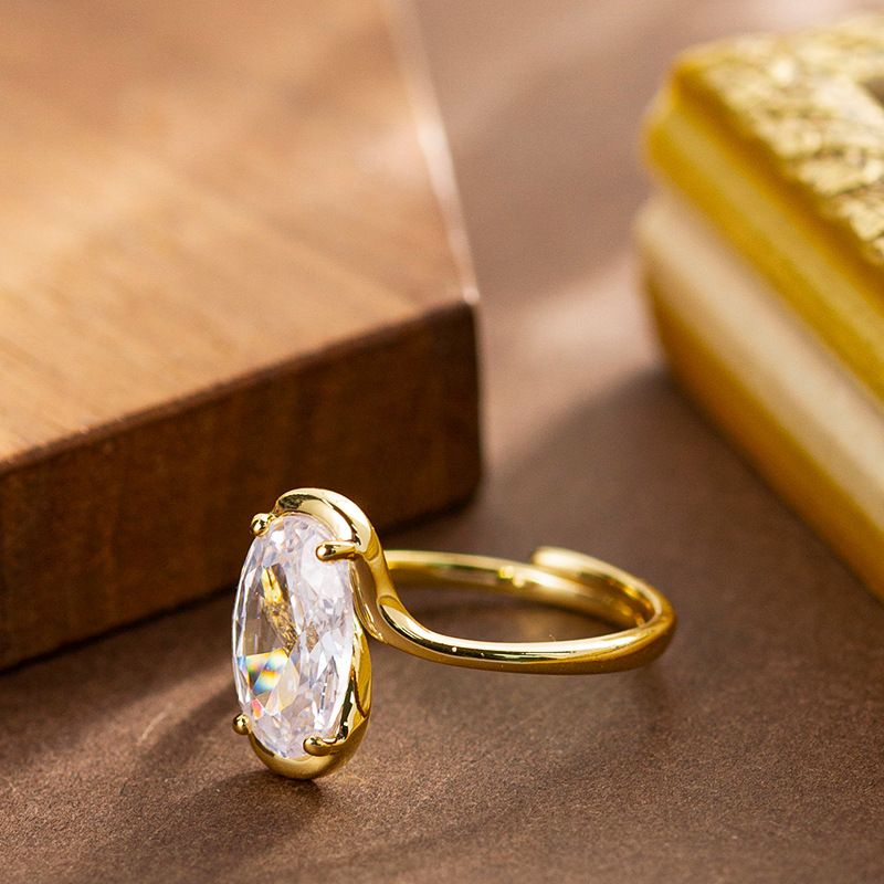 Fashionable And Minimalist INS Four Claw Diamond Inlaid Oval Zircon Open With Adjustable Color Retention Ring_ipsvogv.com