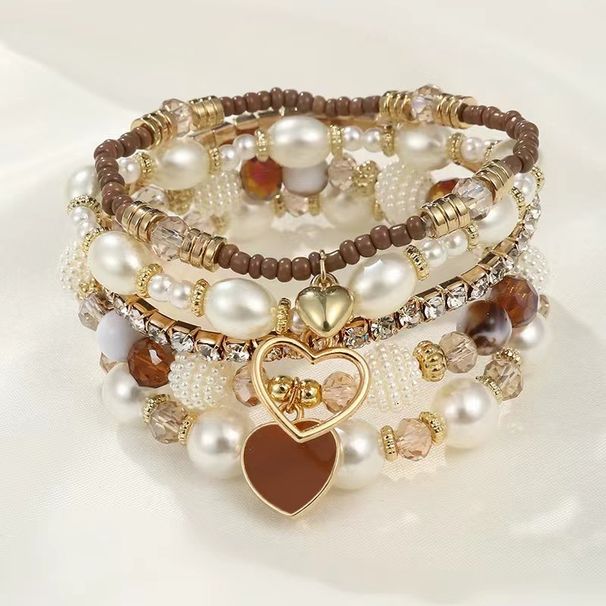 5-piece Pearl Handmade Bead Women's Bohemian Fashion Peach Heart Bracelet Set_ipsvogv.com