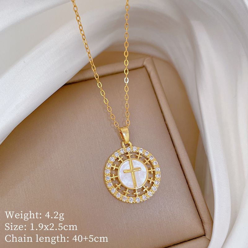 Round 【 】 Cross Light Luxury Charm Gorgeous Full Diamond Necklace Women's Versatile Clavicle Titanium Steel Chain 【 】_ipsvogv.com