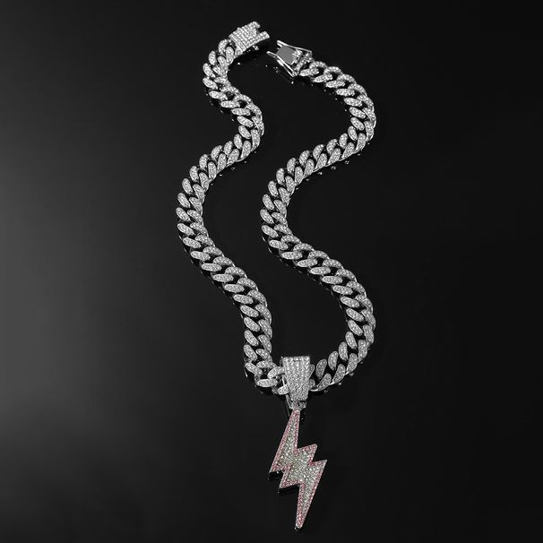 Trendy and cool dual tone lightning large pendant necklace with sparkling diamond hip-hop style street dance rap_ipsvogv.com