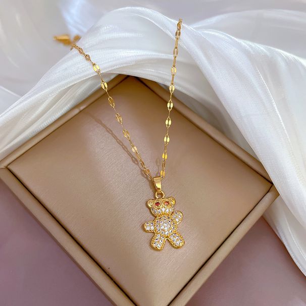 Steel 【 Titanium 】 Light Luxury Full Diamond Little Bear Micro Inlaid True Gold Necklace For Women, Instagram Internet 【 】 Women,_ipsvogv.com