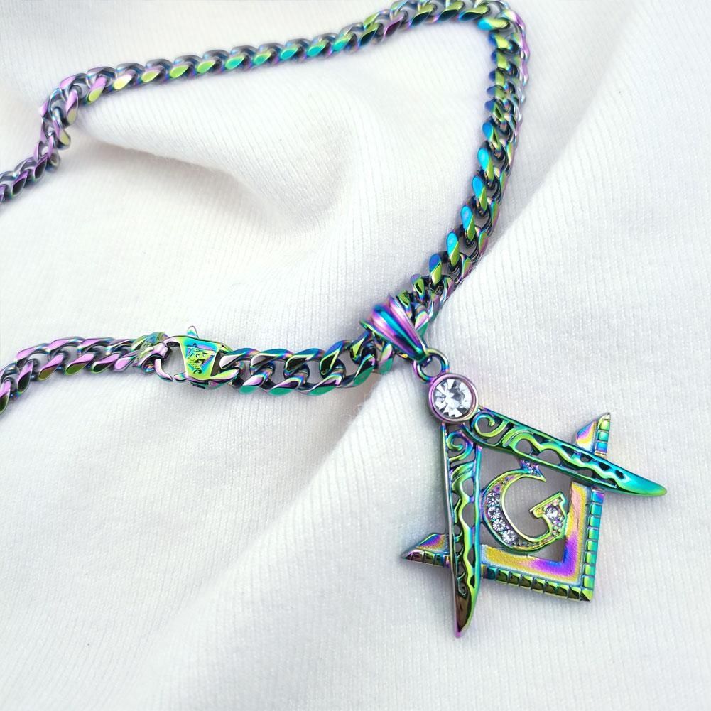 Rhinestone Pendant Necklace 9mm Width Iridescence Mens Women Freemasonry Masonic Mason Stainless Steel_ipsvogv.com