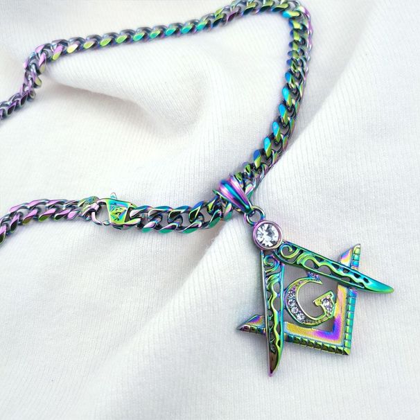 Rhinestone Pendant Necklace 9mm Width Iridescence Mens Women Freemasonry Masonic Mason Stainless Steel_ipsvogv.com