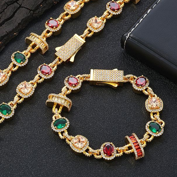 Men's Jewelry Set Hip Hop Colored Gemstone Jewelry Men's Necklace Light Luxury High End Jewelry Zircon Bracelet Accessories_ipsvogv.com