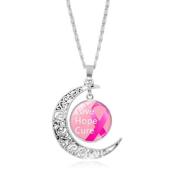 Caring For Women's Health Time Necklace Pink Ribbon Hollow Moon Pendant Jewelry_ipsvogv.com