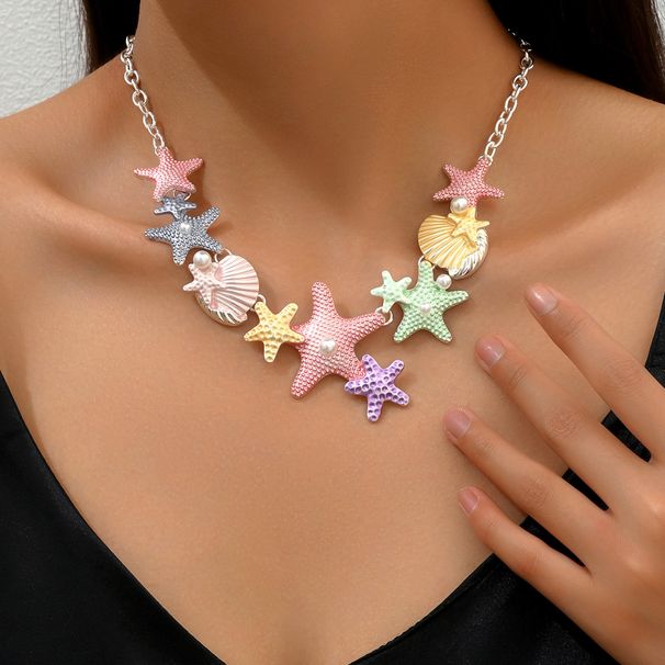 Ins star shell long for women, versatile high-end, set with pearls and oil droplets, collarbone chain necklace_ipsvogv.com