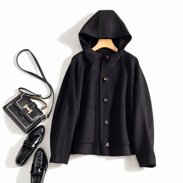 Women's Clothing quality double sided wool coat with hood and short button for women_ipsvogv.com