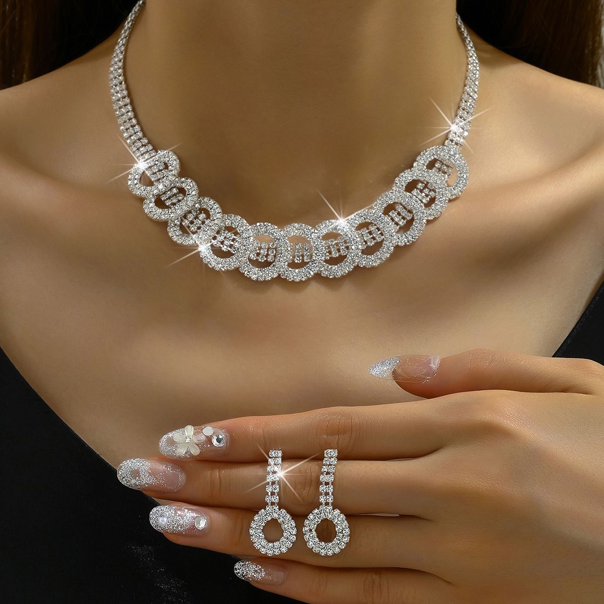 Women’s Jewelry Set Fashion Wedding Women Jewelry Set Silver Plated Diamond Double Ring Wedding Photography Dress Accessories Necklace Earrings_ipsvogv.com