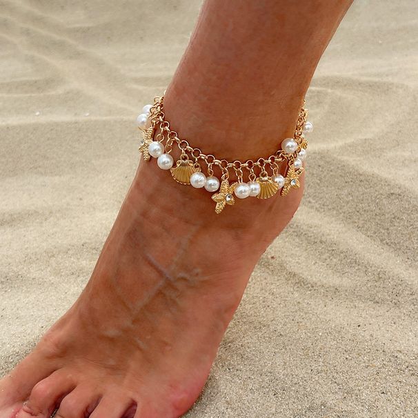 Ocean Vacation Style Starfish Fan Shell Chain Bohemian Layered Pearl Bead Ankle Decoration_ipsvogv.com