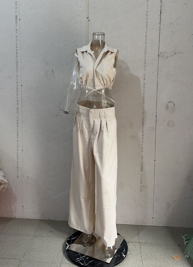 Women's fashion solid color lapel sexy sleeveless top casual pants suit_ipsvogv.com