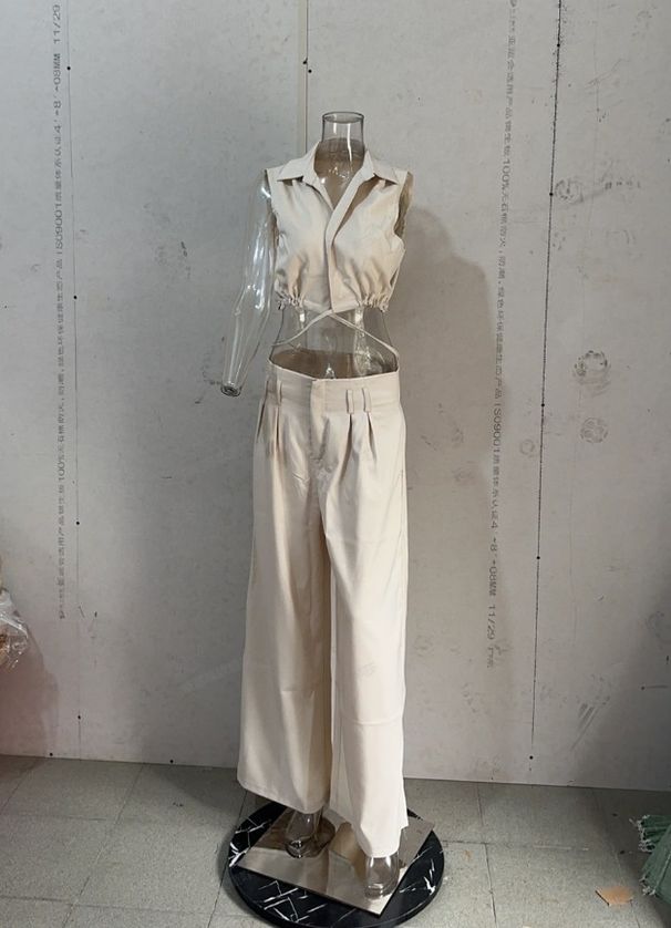 Women's fashion solid color lapel sexy sleeveless top casual pants suit_ipsvogv.com