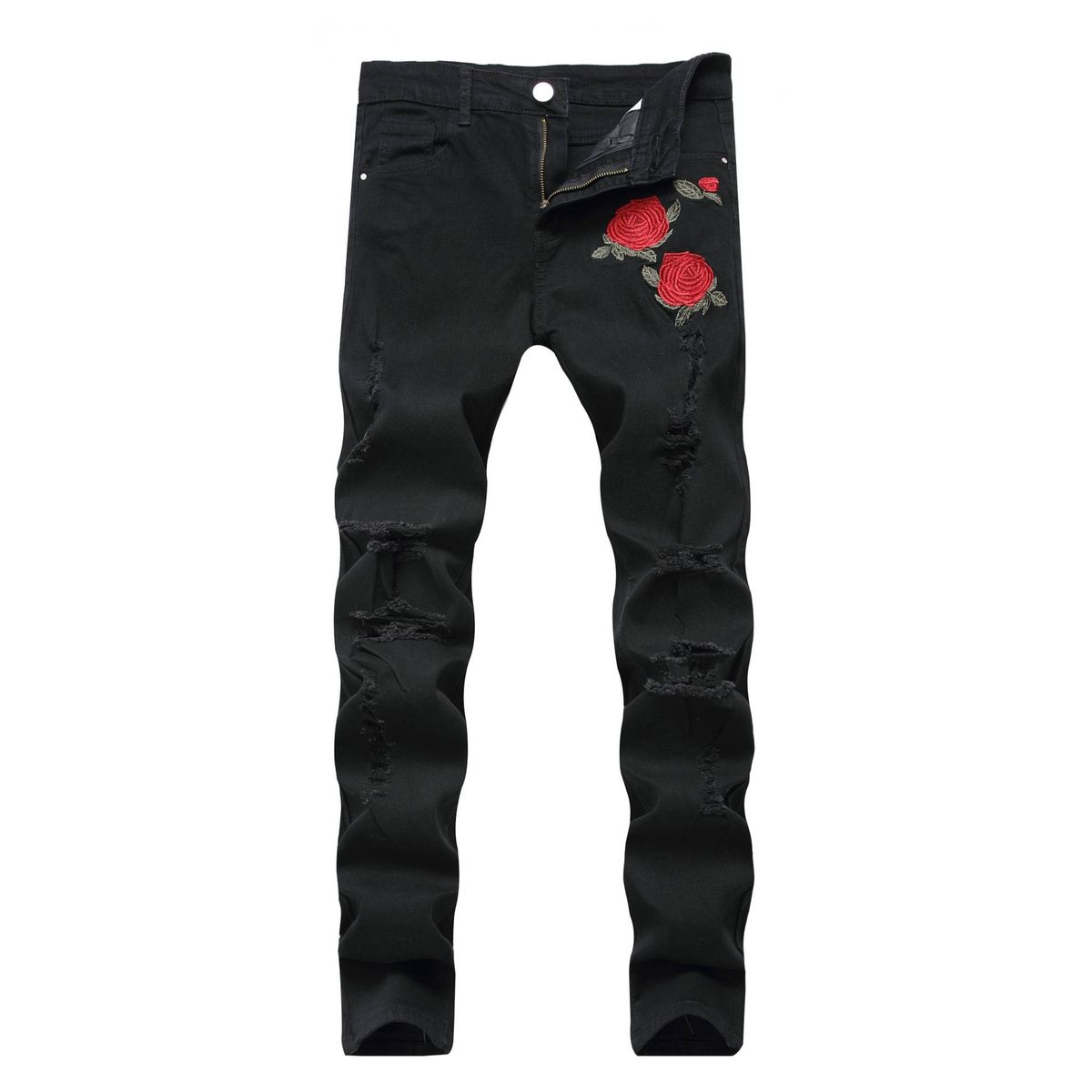 Men's Clothing new men's embroidered rose denim ripped black pants slim fit feet elastic trousers_ipsvogv.com