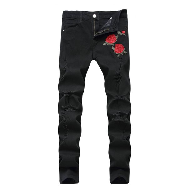 Men's Clothing new men's embroidered rose denim ripped black pants slim fit feet elastic trousers_ipsvogv.com