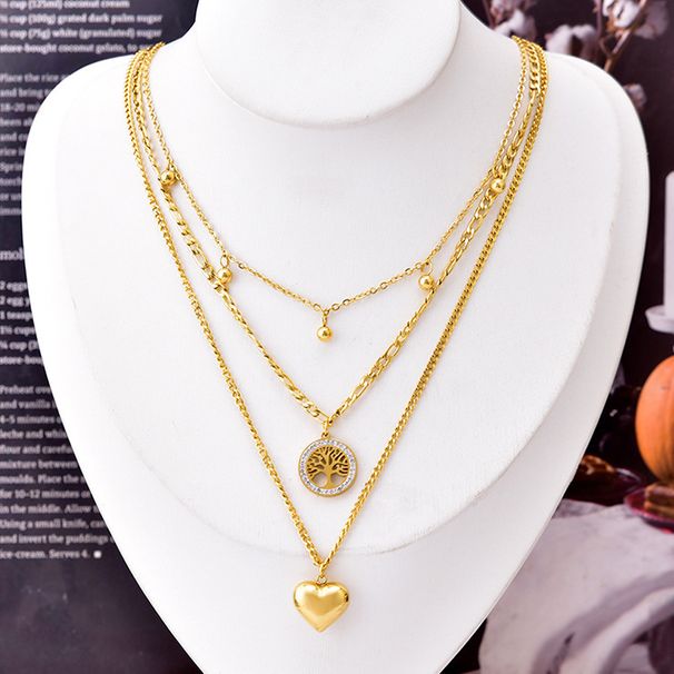 Temperament Accessory: Three Layer Collarbone Chain With Small Golden Beans, Full Diamond, Round Life Tree Pendant,_ipsvogv.com