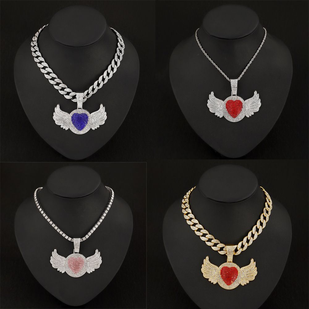 Full Angel Alloy Pendant Men's Hip Hop Water Diamond Love Wings Necklace Cuban Chain Neck Jewelry Women's Accessories_ipsvogv.com