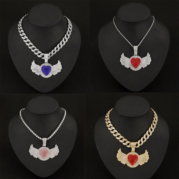 Full Angel Alloy Pendant Men's Hip Hop Water Diamond Love Wings Necklace Cuban Chain Neck Jewelry Women's Accessories_ipsvogv.com