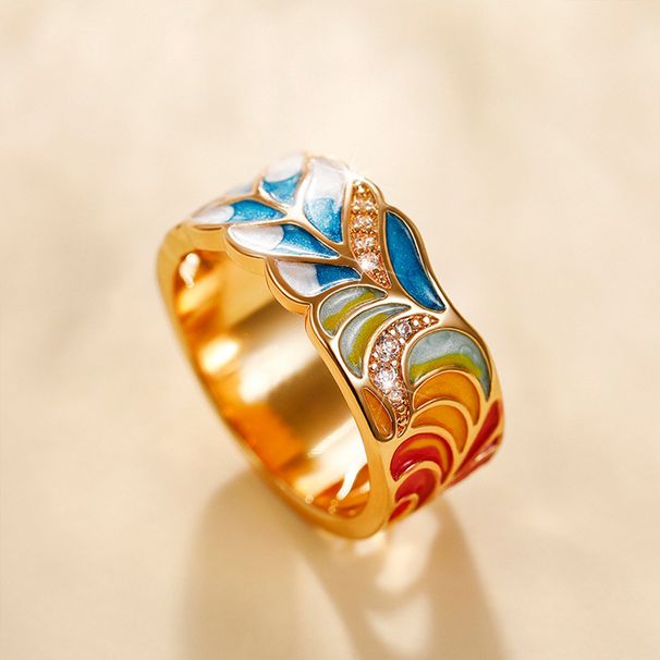 Cao Shi's Trend INS Wind Net Red Punk Style Copper Plated Oil Drop Blue And White Porcelain Pattern Hip Hop Ring_ipsvogv.com