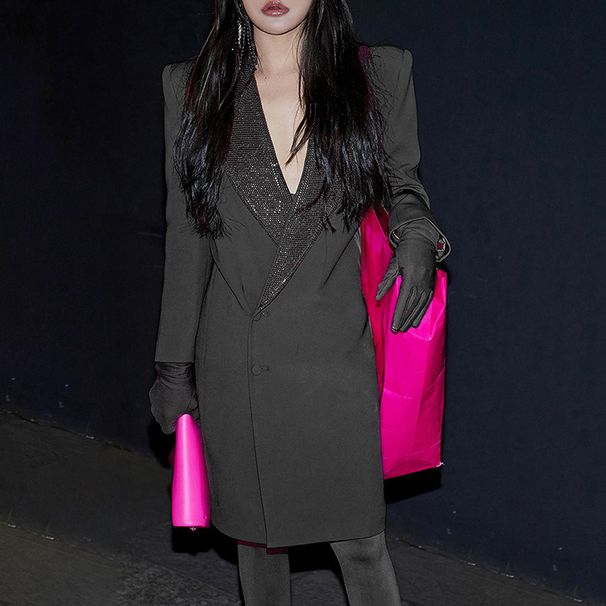 Women's clothing feather casual long-sleeved lapel suit jacket + casual slim-fit long trousers 2-piece set_ipsvogv.com
