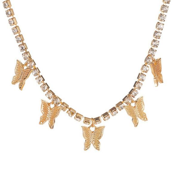 Cuban Necklace Rhinestone Butterfly Pendant Hip Hop Jewelry Tennis Choker_ipsvogv.com