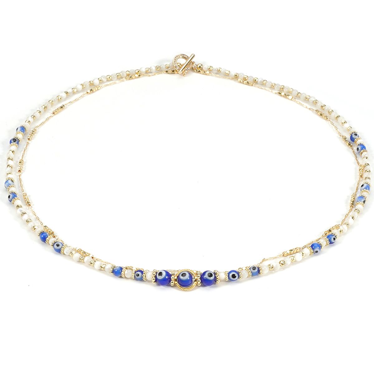 Glass Devil Eye Round Beads Shell 14K Gold OT Buckle Double Layer Necklace Clavicle Chain_ipsvogv.com