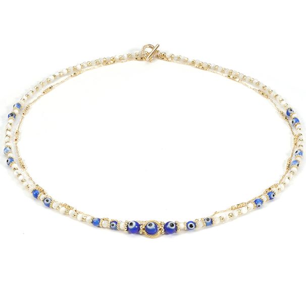 Glass Devil Eye Round Beads Shell 14K Gold OT Buckle Double Layer Necklace Clavicle Chain_ipsvogv.com