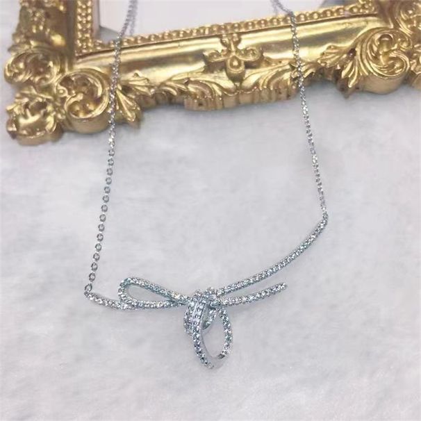 3D Inlaid Ribbon Knot Clavicle Luo Ying Same Style Bow Sweater Chain Design Sense Necklace Female Best Friend Gift_ipsvogv.com