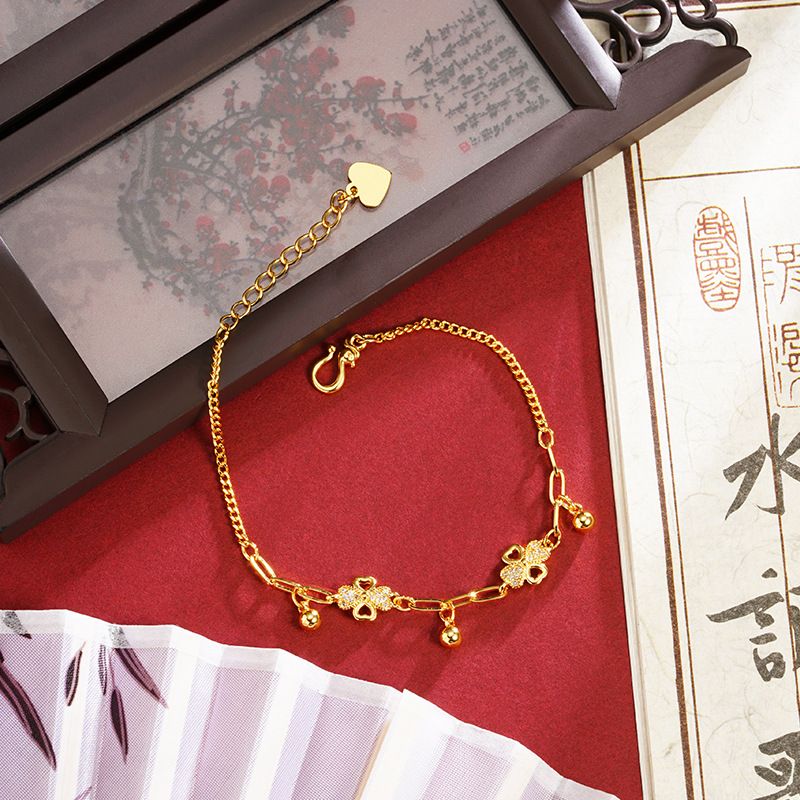 Vietnamese Sand Gold Light Luxury Style Diamond Inlaid Four Leaf Flower Tassel Round Bead Bracelet For Female Niche,_ipsvogv.com