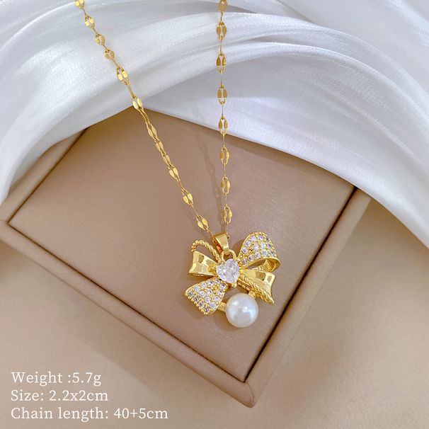 【 Titanium Steel 】 Necklace Earring Light Luxury Full Diamond Bow Pearl Personalized Temperament Banquet Earrings Set_ipsvogv.com