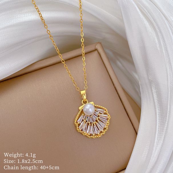 【 】 Hollow Shell Pearl Light Luxury Charm Gorgeous Full Diamond Necklace Women's Versatile Clavicle Chain Titanium Steel_ipsvogv.com