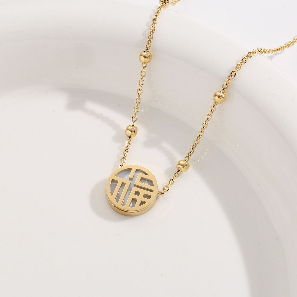 Titanium steel golden lucky letter round card hollowed out necklace for women, simple and personalized, high-end sense_ipsvogv.com