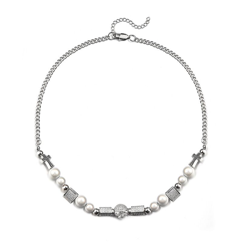 New Titanium Men's Pearl Trendy Skull Dice Head Hip Hop Stainless Steel Necklace, Couple Jewelry_ipsvogv.com