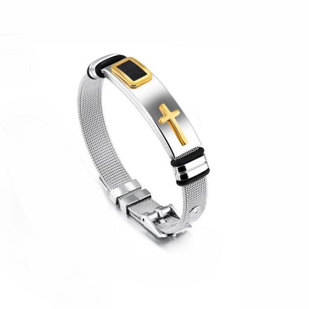 Titanium Mesh Stainless Steel Bangle Gold Cross Men's Bracelet Hip Hop Jewelry_ipsvogv.com