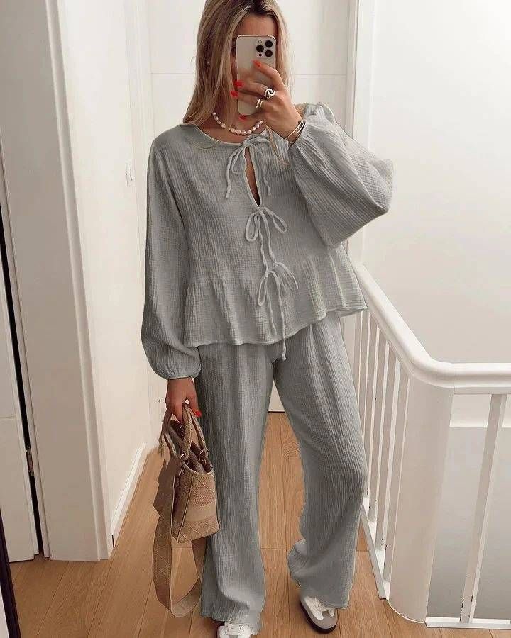 Women's Clothing casual fashion lace round neck lantern sleeve shirt high waist pants suit_ipsvogv.com