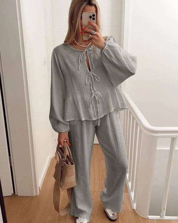 Women's Clothing casual fashion lace round neck lantern sleeve shirt high waist pants suit_ipsvogv.com