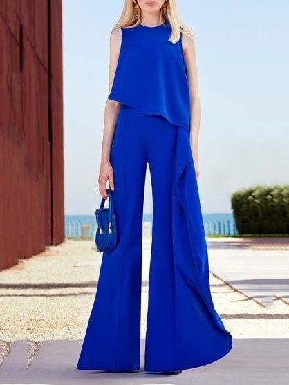 Women's Clothing solid color fashion temperament vest high waist wide leg pants women's irregular zipper jumpsuit _ipsvogv.com