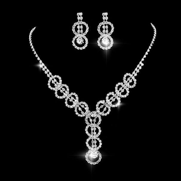 Round Full Diamond Bridal Jewelry Set - Wedding Necklace & Earrings (Korean Style, High-End Sparkle)_ipsvogv.com