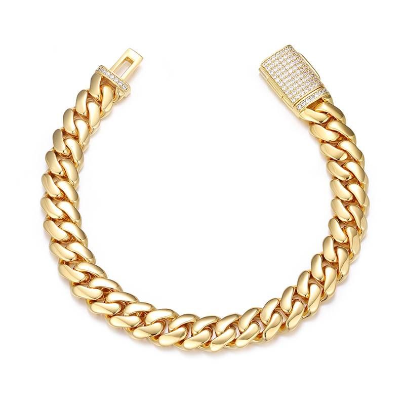 Men's Jewelry Hip Hop Multi Size Width Real Gold Electroplated Copper Large Cuban Chain Inlaid With Zircon Buckle Bracelet_ipsvogv.com