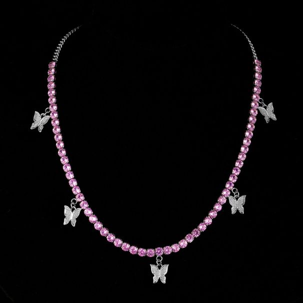 Fashion Simple Copper Hip Hop Pink Zircon Trendy Bow Necklace Tennis_ipsvogv.com